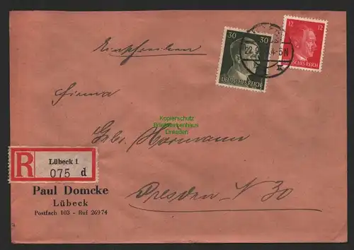 B9563 R-Brief Gebr. Hörmann A.-G. Lübeck 1 d Paul Domke 1943