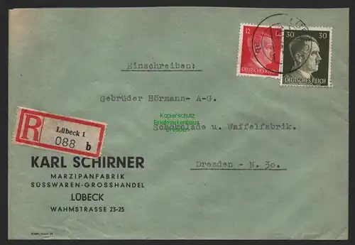 B9561 R-Brief Gebr. Hörmann A.-G. Lübeck 1 b Carl Schirner 1943 Marzipanfabrik
