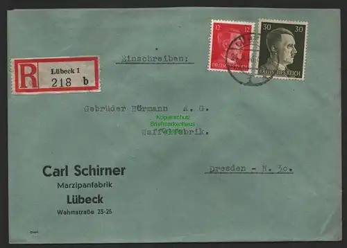 B9560 R-Brief Gebr. Hörmann A.-G. Lübeck 1 b Carl Schirner 1943 Marzipanfabrik