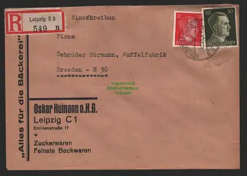 B9537 R-Brief Gebr. Hörmann A.-G. Leipzig S 3 n Oskar Humann o.H.G. 1943 Zucker