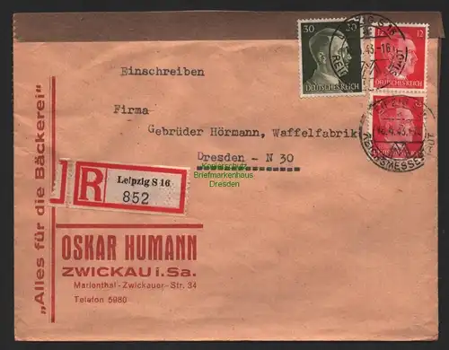 B9532 R-Brief Gebr. Hörmann A.-G. Leipzig S 16 Oskar Humann 1943 Alles Bäckerei
