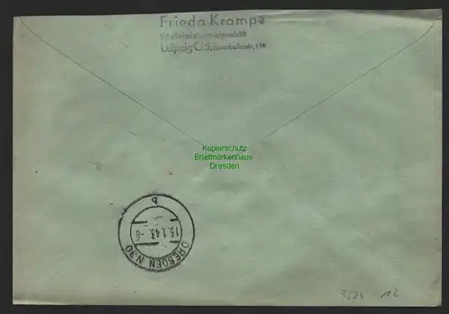 B9524 R-Brief Gebr. Hörmann A.-G. Leipzig O 28 a Frieda Krampe 1943 Schokoladen