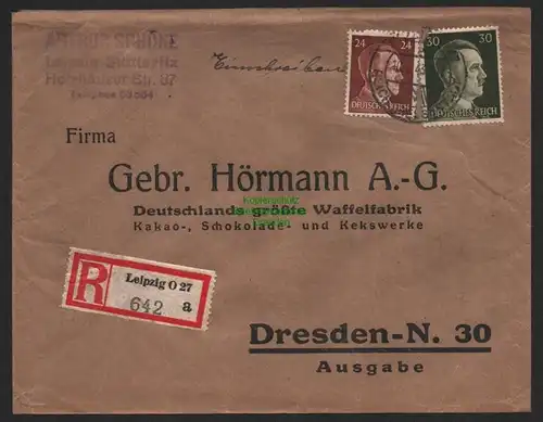 B9522 R-Brief Gebr. Hörmann A.-G. Leipzig O 27 a Arthur Schöne 1943 Waffelfabrik