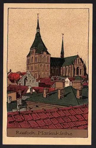 76555 AK Rostock Künstler Steinzeichnung Marienkirche ca. 1920