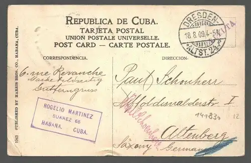 141830 AK Habana Cuba 1909 Havanna Kuba nach Altenberg Sachsen