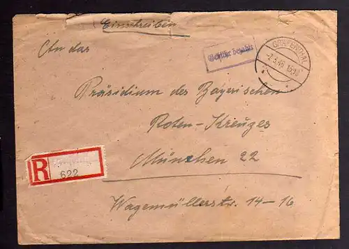 B945 SBZ Brief Gebühr bezahlt 1946 Gräfenthal an Zentrale Suchkartei München Ein