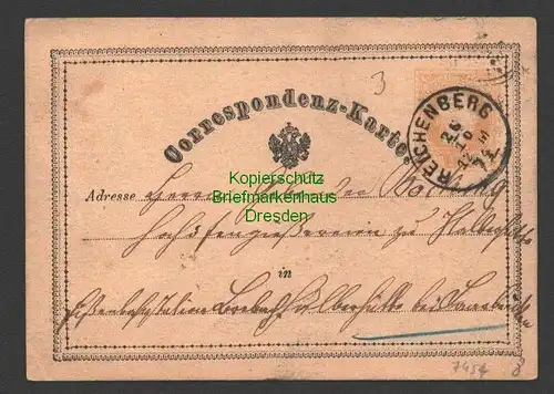 B7454 Postkarte Ganzsache Correspondenzkarte Reichenberg 1874 nach Saarbrücken