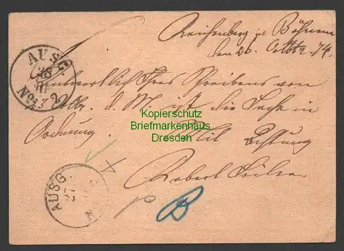 B7454 Postkarte Ganzsache Correspondenzkarte Reichenberg 1874 nach Saarbrücken