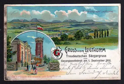 95142 AK Lugturm Sängerfest 1901 Litho Gebirgsvereinshaus Sängergruss Gommern