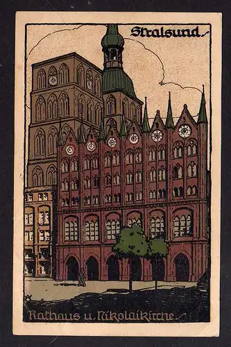 93285 AK Stralsund Rathaus Nikolaikirche Künstler Steinzeichnung 1922