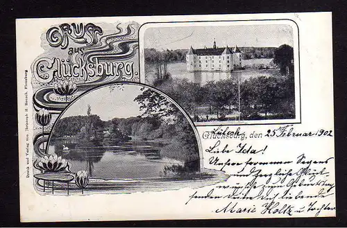 112691 AK Glücksburg 1902 schöne Jugendstil Karte Seerosen Ornament