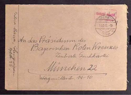 B996 SBZ Brief Gebühr bezahlt 1946 Langewiesen Thür. an Zentrale Suchkartei Münc