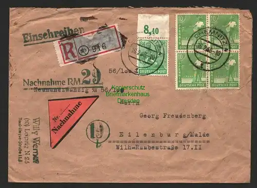 B8675 Brief SBZ Alliierte Besetzung Einschreiben Nachnahme Chemnitz 1948