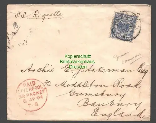 B7879 Kamerun 1894 Vorläufer V48d Brief per SS Roquelle nach Großbritannien