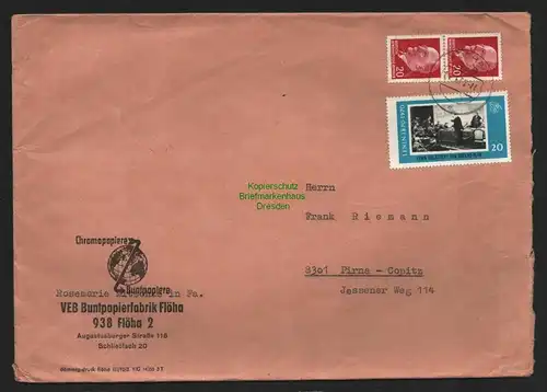 B7055 DDR Brief Flöha 1970 DSF Spendenmarke Lenin ohne Nachgebühr nach Pirna