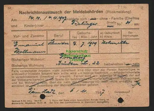 B7301 Karte gebühr bezahlt Polizeipräsident Darmstadt 1947 nach Dorndorf Saale