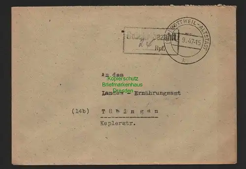 B7277 Brief Gebühr bezahlt Rottweil Altstadt 1947 nach Tübingen