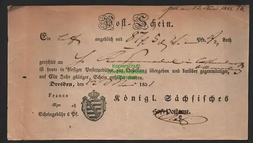 B7294 Post Schein Dresden 1851