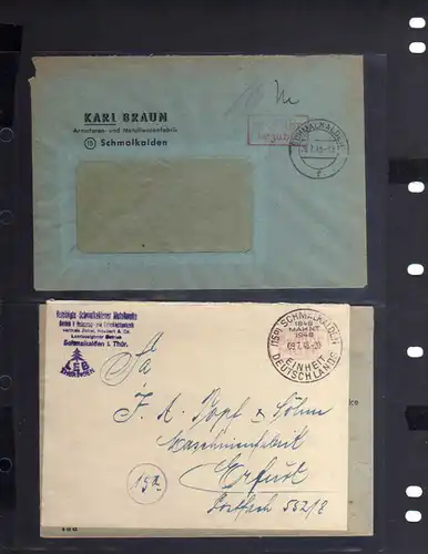 B727 2x SBZ Brief Gebühr bezahlt 1945 Schmalkalden Metallwarenfabrik Währungsref