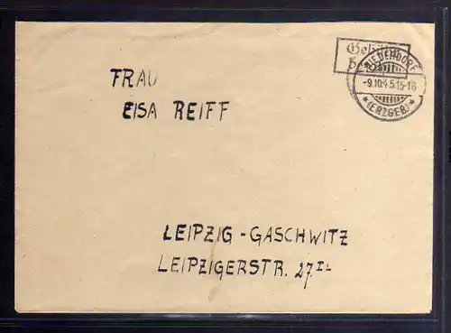 B627 SBZ Brief Gebühr bezahlt 1945 Niederdorf Erzgebirge nach Leipzig