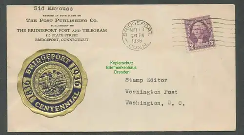 B5966 Brief USA 1936 Bridgeport Conn 1836 Centennial