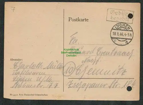 B5754 Gebühr bezahlt 1946 Postkarte Lychen nach Chemnitz