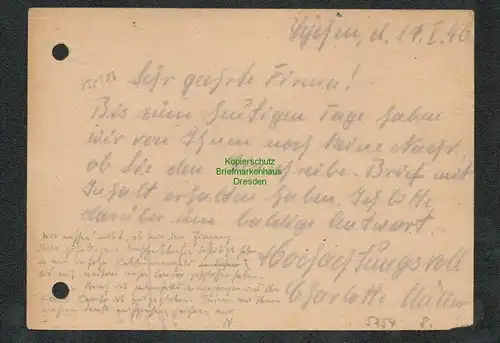 B5754 Gebühr bezahlt 1946 Postkarte Lychen nach Chemnitz