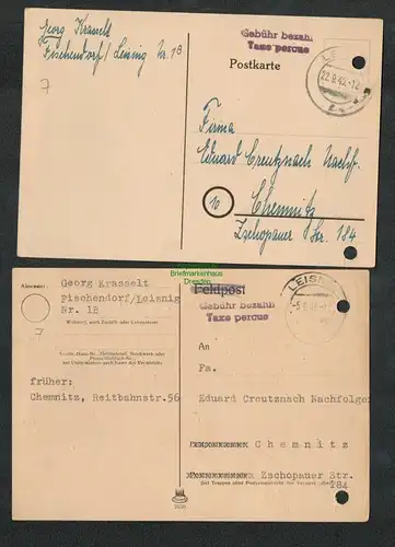 B5753 Gebühr bezahlt 1945 2x Postkarte Leisnig Taxe percue Fischendorf