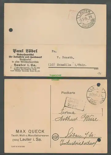 B5788 Gebühr bezahlt 1945 2x Postkarte Lauter i. Sa.