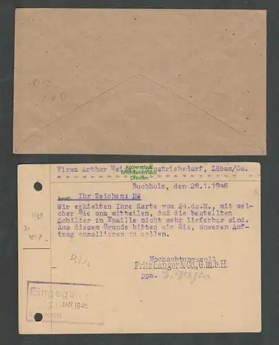 B5711 Gebühr bezahlt 1945 Brief + Postkarte Buchholz Sachsen Färberei Appretur