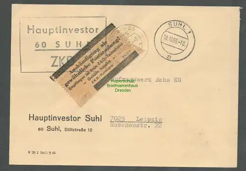 B5262 DDR ZKD Brief 1966 Hauptinvestor Suhl n. Leipzig Aushändigung als gewöhn