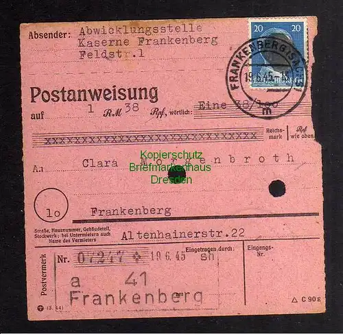 B2832 Sächsische Schwärzung 1945 Postanweisung innerhalb 41 Frankenberg 19.6.45