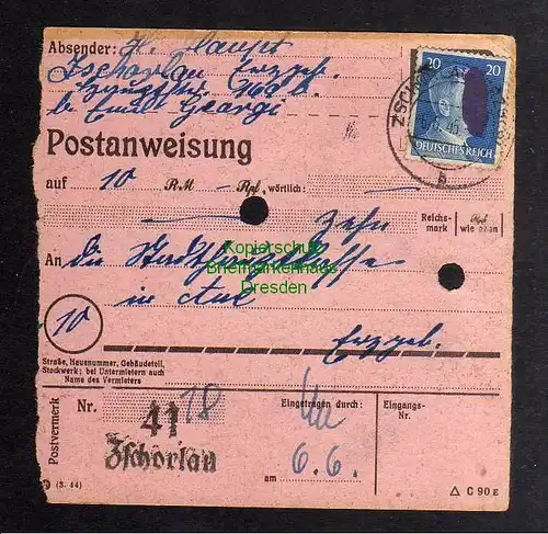 B3017 Sächsische Schwärzung 1945 Postanweisung 41 Zschorlau 6.6. Aue