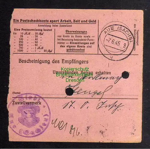 B3017 Sächsische Schwärzung 1945 Postanweisung 41 Zschorlau 6.6. Aue