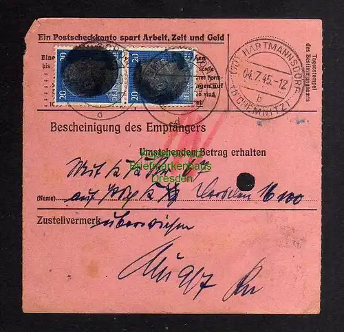 B3014 Sächsische Schwärzung 1945 Postanweisung 41 Siegmar-Schönau 2.7. Hartmann