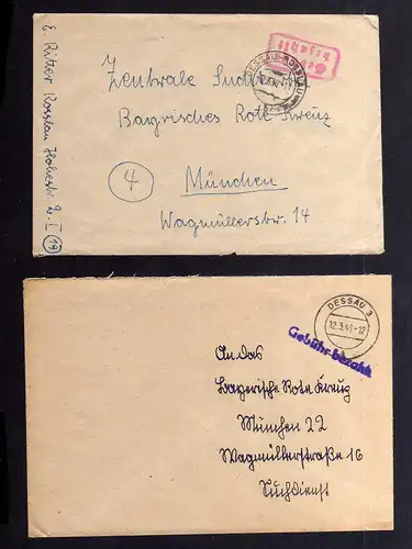 B2052 2x Brief SBZ Gebühr bezahlt 1946 Dessau 3 Dessau-Rosslau Bayr. Rotes Kreuz