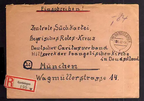 B2058 Brief SBZ Gebühr bezahlt 1946 Gardelegen Einschreiben Bayr. Rotes Kreuz Mü