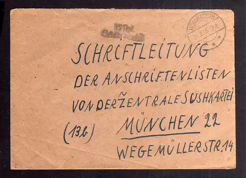 B2105 Brief Gebühr bezahlt 1946 Mönchröden Bayr. Rotes Kreuz Suchkartei München