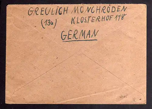 B2105 Brief Gebühr bezahlt 1946 Mönchröden Bayr. Rotes Kreuz Suchkartei München