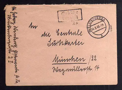 B2056 Brief SBZ Gebühr bezahlt 1946 Elsterwerda A Bayr. Rotes Kreuz Suchkartei M