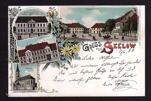 97876 AK Seelow Litho 1898 Kirche Landratsamt Rathaus Marktplatz