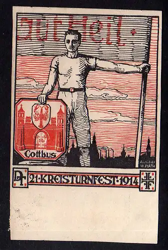 94820 AK Cottbus 21. Kreisturnfest 1914 Gut Heil Künstlerkarte Architekt Plath