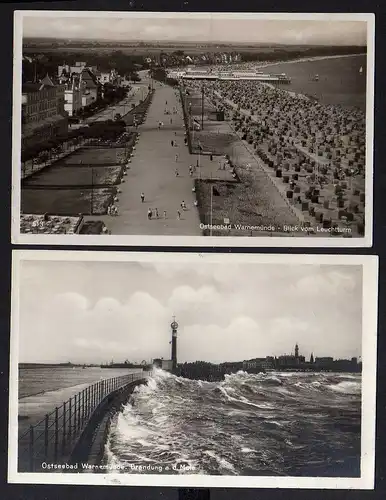 91853 2 AK Warnemünde 1927 Blick vom Leuchtturm 1935 Brandung an der Mole