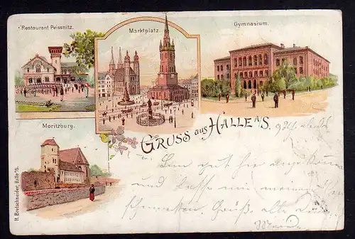 82925 AK Halle Saale Litho 1898 Peissnitz Gymnasium Markt Moritzburg