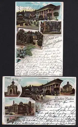 82547 2 AK Baden-Baden Litho 1898 Conversationshaus 1900 Russische Kirche