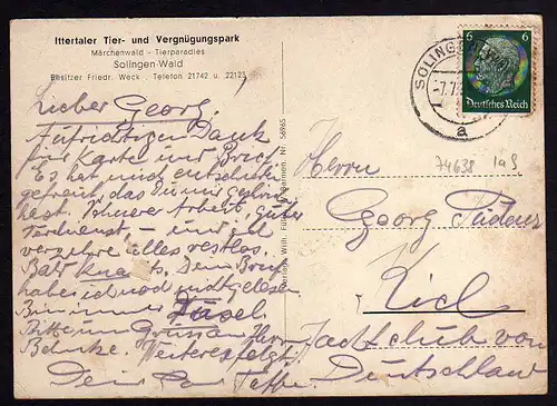 74638 AK Solingen Wald Märchenwald Ittertaler Tierparadies 1939 Gasthaus zum