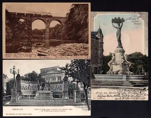 74687 3 AK Görlitz Zierbrunnen Postplatz 1902 Erobertes Geschütz Neiße Viadukt