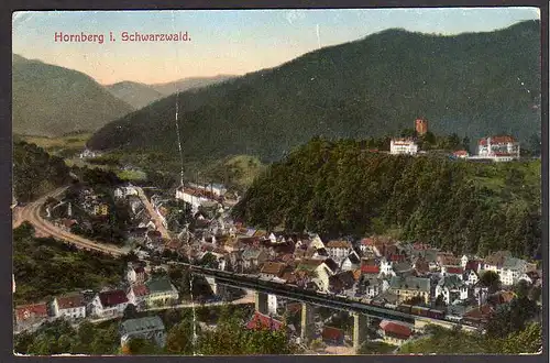67303 AK Hornberg Schwarzwald Eisenbahn Brücke Zug, gelaufen 1914