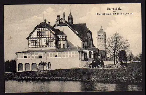 49593 AK Remscheid Stadtparkhalle mit Bismarckturm um 1910