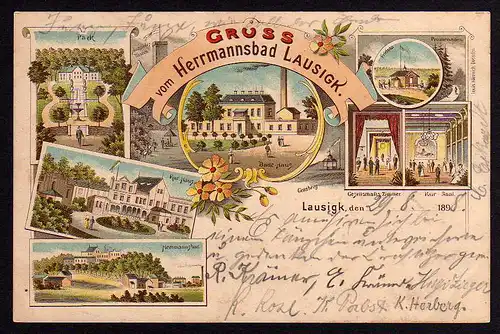 49662 AK Hermannsbad Lausigk 1898 Geldberg Kurhaus Badehaus, gelaufen 1898